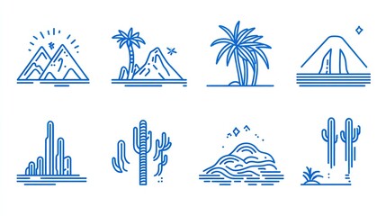 Desert landscape icons mountains, cacti, palms; travel brochure design