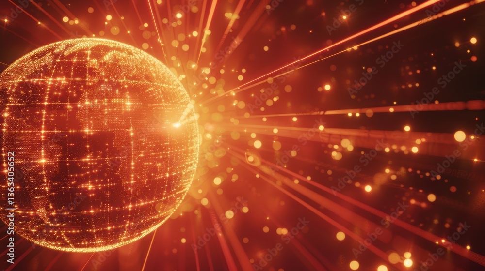 Poster 3d visualization of glowing sphere radiating light beams in a digital global technology grid