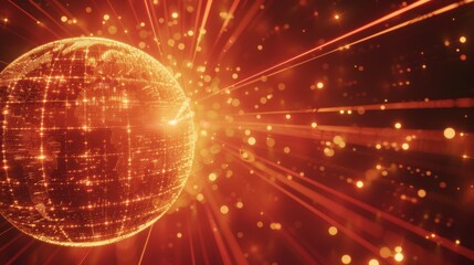 3D Visualization of Glowing Sphere Radiating Light Beams in a Digital Global Technology Grid