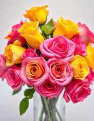 Fototapeta premium A vibrant bouquet of pink and yellow roses arranged in a clear glass vase, stems, stock photo