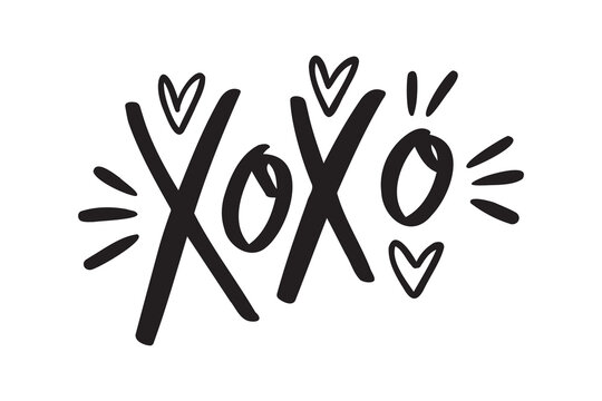 Xoxo sign kiss and hearts handwritten doodle lettering phrase or quote. message saying text. Hand drawn print clipart.