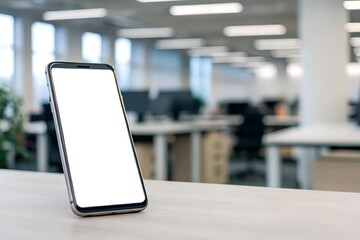 Smartphone mockup with blank white screen standing on desk in blurred office setting. Clean and realistic template for business or app design presentation.
