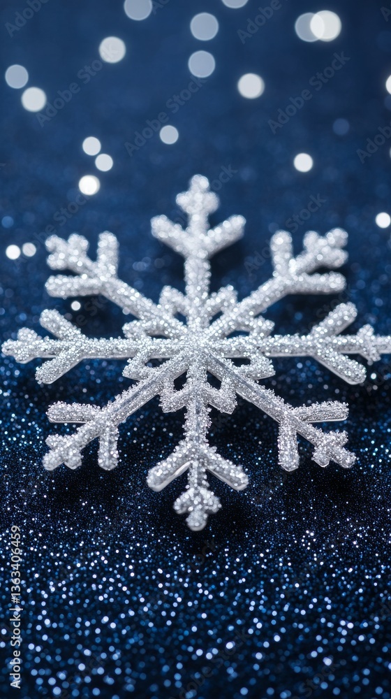 Poster the image of a snowflake shining on snow with a blue bokeh background behind it captures the true sp