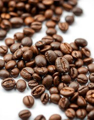 Obraz premium Close-up view of various coffee beans, isolated on white background, texture, gourmet