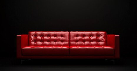 A sleek red leather sofa with tufted upholstery, placed against a dark backdrop.