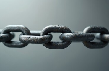 Close-up of metal chain links on neutral grey background. Focus on metallic hardware, portraying strength, connectivity, security. Industrial metal construction, technology and engineering concept.