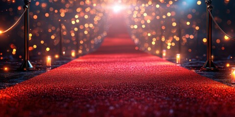 Illuminated red carpet leading to a glamorous event with sparkling lights in the background during evening hours