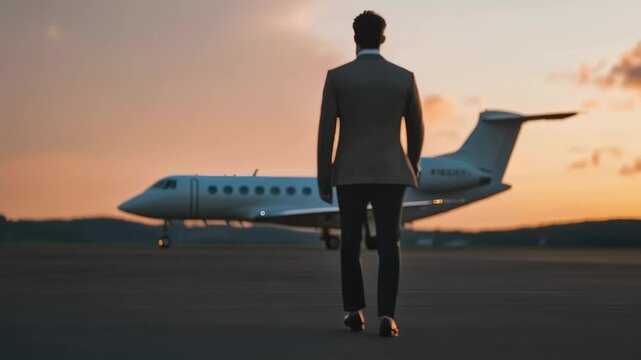 Businessman walks to private jet at sunset. Success concept.