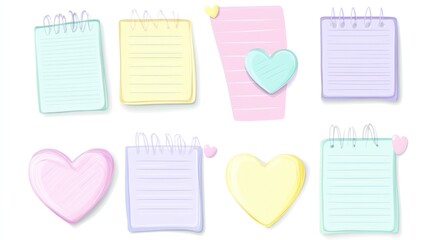 Pastel notepads, hearts, planning, design elements, stationery, website, blog