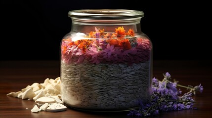 A photo of a jar of bath salts with dried flowers