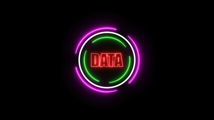 Data neon sign with glowing rings in green and purple.