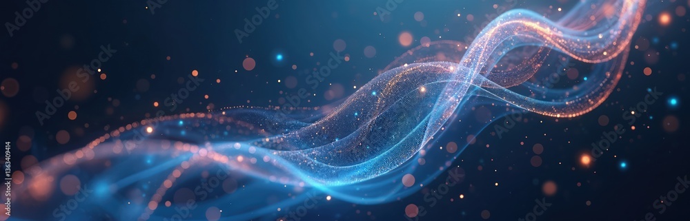 Aufkleber Abstract digital particles wave with bokeh effect, light background. 3d render wave line dot background. Dynamic flow of information in cyberspace tech networks. Modern tech design for presentations
