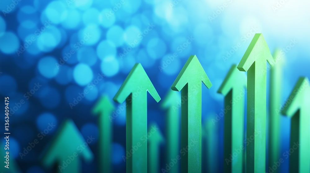 Poster blue background with a series of arrows pointing upwards. the arrows are spaced out and appear to be