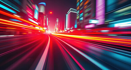 Obraz premium Vibrant light trails, futuristic cityscape, motion blur