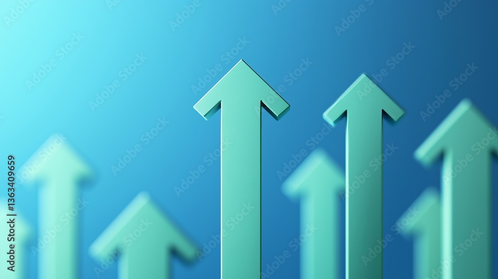 Poster blue background with a series of arrows pointing upwards. the arrows are spaced out and appear to be