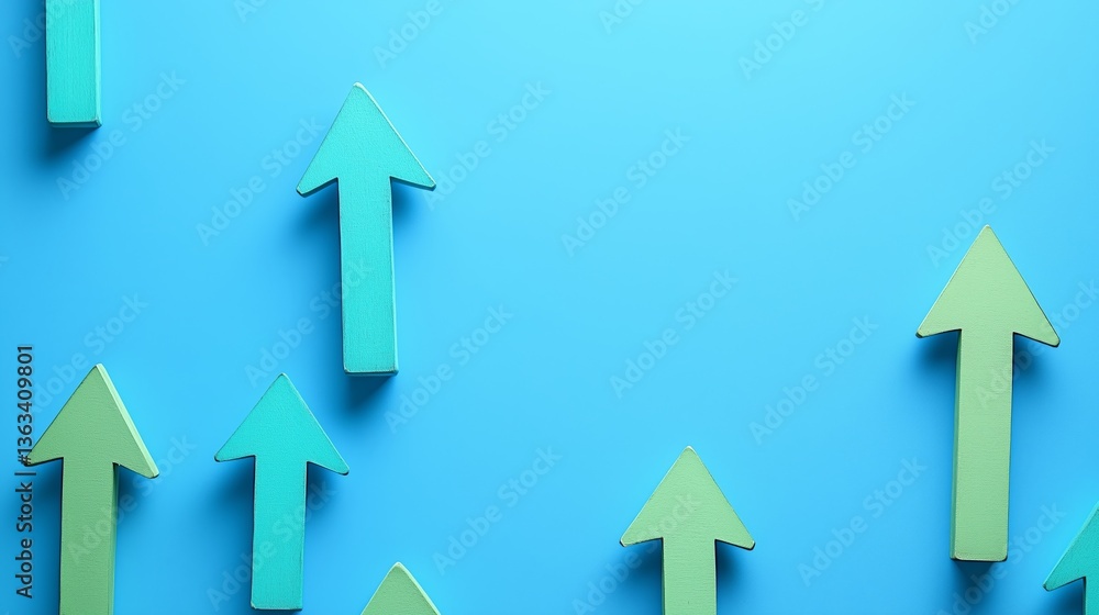 Poster blue background with a series of arrows pointing upwards. the arrows are spaced out and appear to be