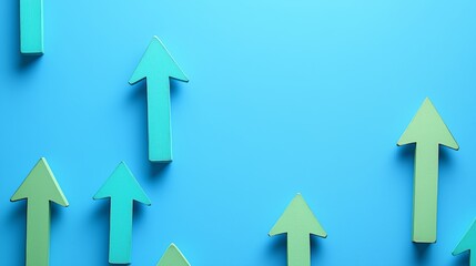 Blue background with a series of arrows pointing upwards. The arrows are spaced out and appear to be connected. A series of green arrows pointing upwards on a blue background. Growth arrow image