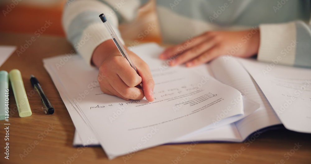 Poster Writing, homework and hands of child in classroom for learning, education and lesson. School, studying and closeup of young student with assessment, quiz and assignment for knowledge at academy