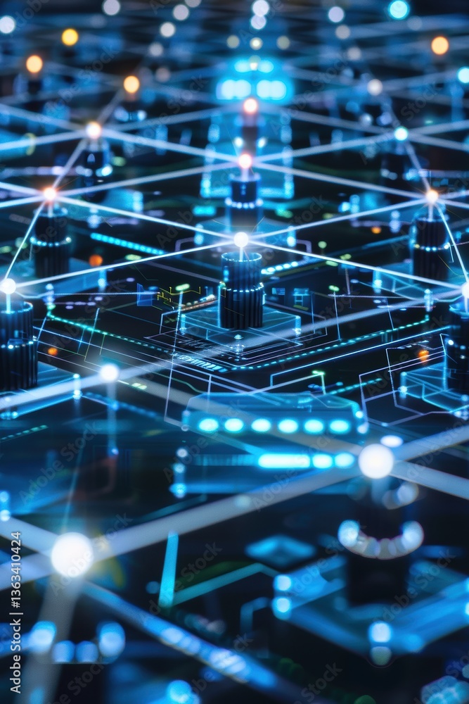 Poster futuristic digital grid with glowing nodes in blue and white, highlighting data and connectivity con