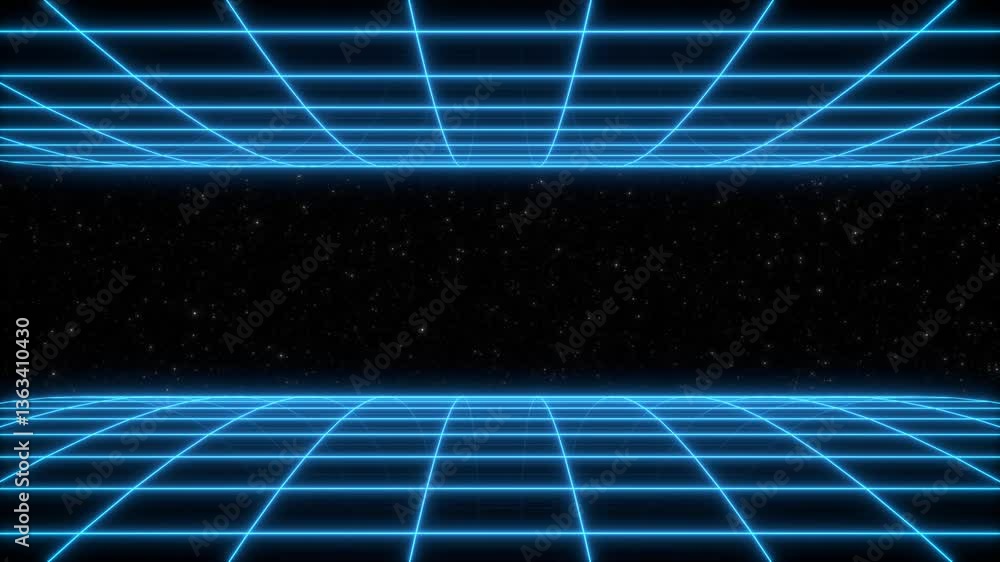 Poster synthwave animated background. 80s neon wireframe structure. retro future perspective grid. retrowav