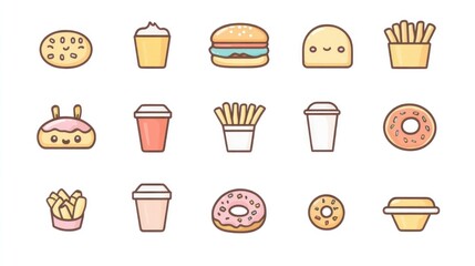 Cute cartoon fast food icons; background white; for menus or websites