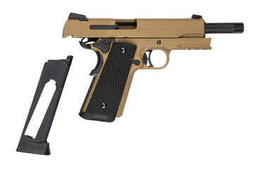 An airsoft pistol replica with a tan and black finish, boasting a textured grip, perfect for...