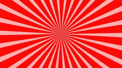 Vibrant red background with radiating stripes creating dynamic sunburst effect.