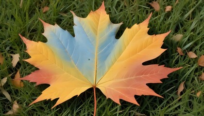 Close-up shot of a single maple leaf standing upright in a patch of grass, the leaf is bicolored