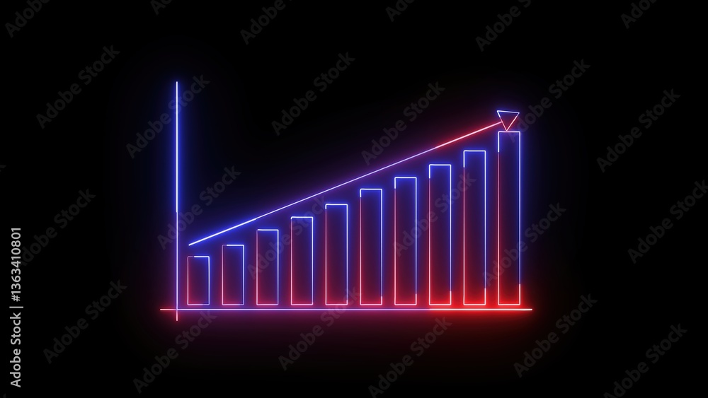 Poster graphic of bar chart with ascending bars illuminated in blue and red on black background indicating 