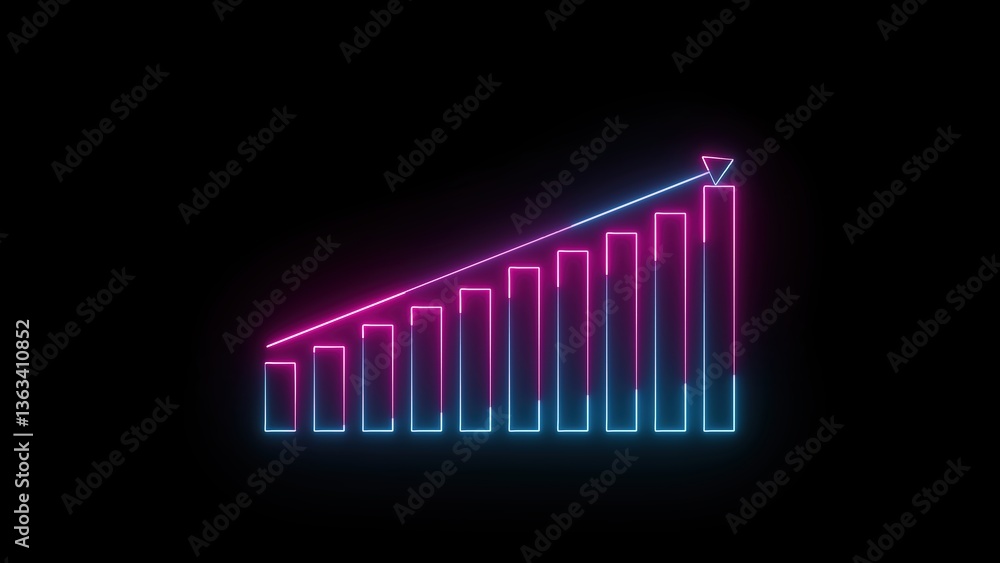 Poster graphic of bar chart with ascending bars illuminated in blue and red on black background indicating 