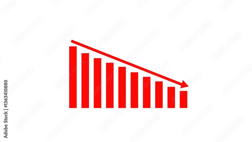 Poster red bar graph showing downward trend with arrow indicating decline and decreasing bars from left to 
