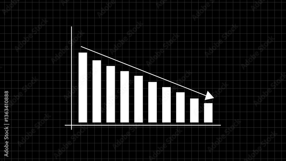 Poster Bar graph white on black grid background showing downward trend with diagonal line and arrow.