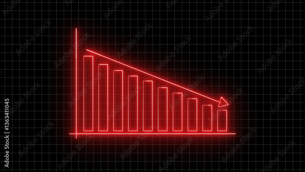 Poster graph showing downward trend with red bars and diagonal line on grid background for digital look.