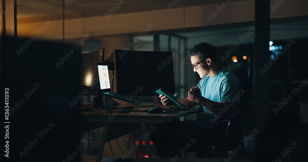 Leinwandbilder business, man and celebration with tablet at night for website security success, troubleshooting or 