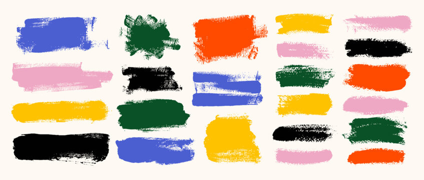 Colored straight thick brush lines. Hand drawn vector brushstroke text boxes. Set of calligraphy dry brush. Rough grunge thick gouache paint texture. Japanese, Chinese sketchy ink rectangle text boxes