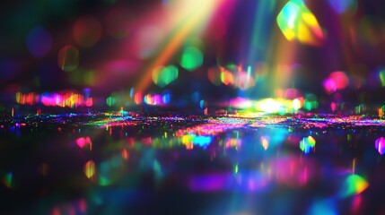 Blurred rainbow refraction overlay effect. Light lens prism effect on black background. Holographic reflection, crystal flare leak shadow overlay. Colorful rainbow disco ball light leaks texture