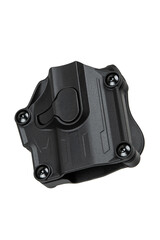 A sturdy tactical paddle holster in black, designed to secure firearms effectively, isolated...
