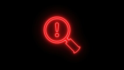 Glowing red neon magnifying glass with exclamation mark on black background.