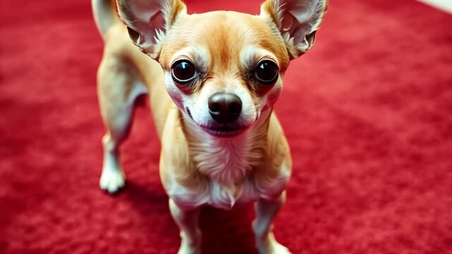 Chihuahua's Charm: A close-up, endearing portrait of a small chihuahua with its alert eyes, revealing a world of personality and charm. Set against a vibrant carpet.
