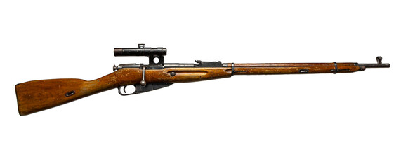 Vintage bolt-action rifle with wooden stock and mounted scope.