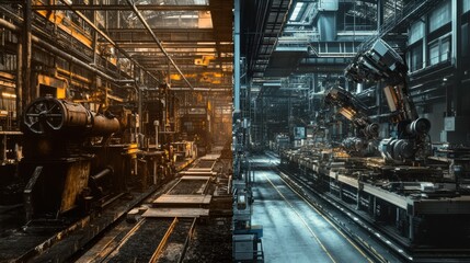 Obraz premium Transformation of industrial spaces from rusty machinery to advanced robotic assembly line in a dramatic, high-tech setting