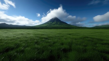 Lush green field stretching to a volcanic mountain peak under a vibrant sky