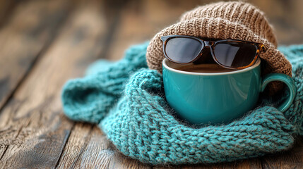 Cozy cup of warm beverage resting on a knitted scarf with stylish sunglasses on a wooden table