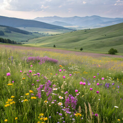 Fototapeta premium Wide Open Meadow with Wildflowers and Rolling Hills in the Background.