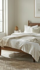 Minimalist Bedroom Design with Wooden Bed Frame and Cozy Linens for a Tranquil Ambiance