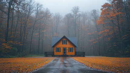 Cozy orange cabin surrounded by autumn trees on a foggy day in the forest