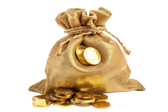 A golden money bag filled with Bitcoin coins on a transparent background