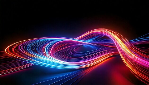 Glowing neon light trails forming curves isolated on dark themed background