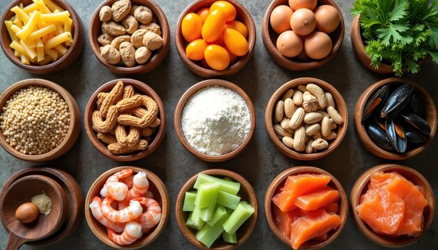 Photo composition common food allergens in wooden bowls. Foods like wheat milk peanuts soy eggs seafood shellfish. Health concept of food allergy intolerance nutrition or immune response.