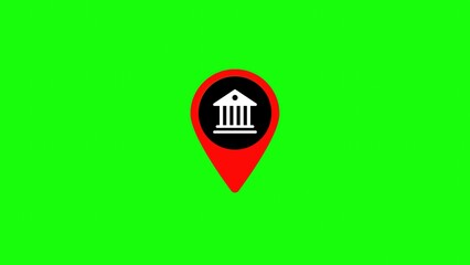 Red location pin with building icon on green background.